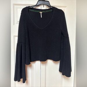 Free People Damsel Bell Sleeve Sweater XS black rib knit deep v neck new no tags